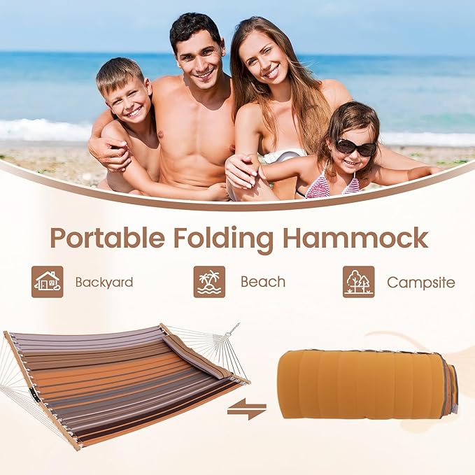 Giantex Hammock Swing Camping Hammock for Stand with Spreader Bar, Detachable Pillow, Hand Woven Cotton Ropes, Outdoor Hammocks for Patio, Backyard, Poolside(Hammock Without Stand) (Coffee)