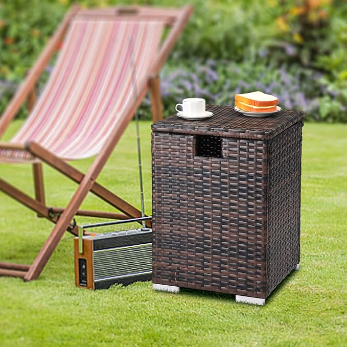 16 Gallon Patio Rattan Wicker Side Tables,All-Weather Outdoor Storage Box,Waterproof Patio Coffee Side Table,Outside Storage Coffee Tables,with Lid,for Garden Porch Poolside Deck Backyard (Brown)