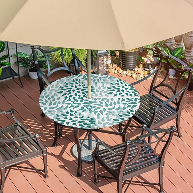 Fitted Round Tablecloth with Umbrella Hole and Zipper Abstract Nature Outdoor Elastic Table Cloth 45"-56" Oil-Proof Waterproof Green Nature Patio Table Cover for Picnic Party