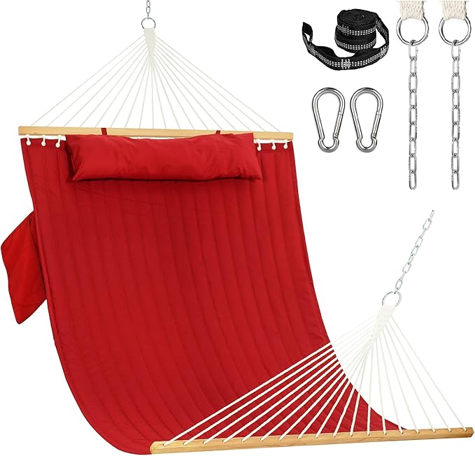 Lazy Daze Hammocks 2 Person Double Quilted Fabric Hammock with Spreader Bar, Detachable Pillow, Side Pocket, Carabiners, Chains, Straps for Outdoor, 450lbs Capacity, Burgundy