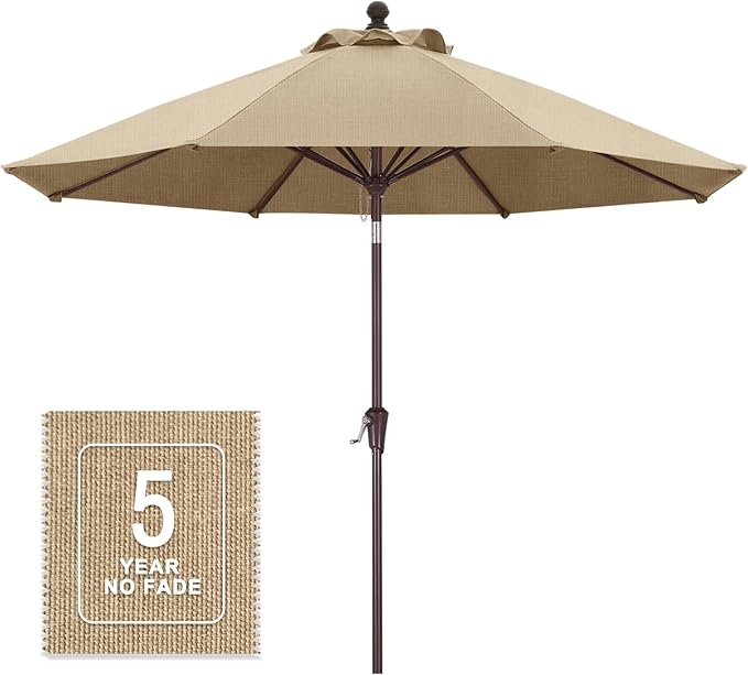 MASTERCANOPY Olefin 5-Year-Non-Fading 9ft Patio Umbrella with Tilt and Crank, Large UV Resistant Outdoor Table Umbrella with 8 Fiberglass Ribs for Deck, Yard & Market, Light Brown