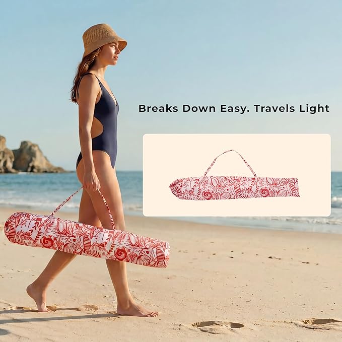 6FT Fringe Beach Umbrella for Sand, Boho Coastal Patio Umbrella with Tassels, UPF 50+ Sun Protection, Tilt, Carry Bag for Beach Vacation & Pool, Reef Crimson