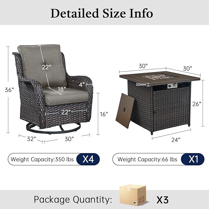 Wicker Patio Furniture Set- 4 Pieces Outdoor Swivel Rocker Chairs with 50,000 BTU Fire Pit Table,PE Rattan Outdoor Conversation Set for Garden Porch Deck