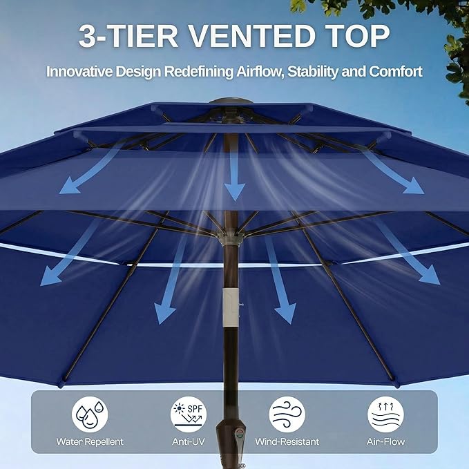 10ft Patio Umbrella, 3 Tier Outdoor Market Table Umbrellas with 8 Fiberglass Ribs and Push Button Tilt, Windproof, Vented Canopy, UV Protection for Deck, Pool, Backyard