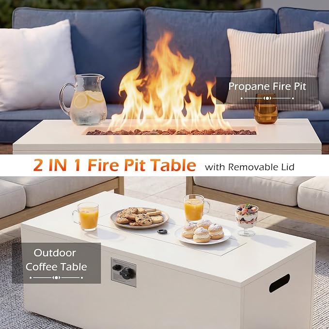 ECOTOUGE 8-Piece Half-Moon Curved Patio Furniture Set with Fire Pit Table, Wicker Rattan Sectional Sofa with Thick Cushions, Outdoor Conversation Set for Backyard Garden No Tank Cover(Beige, White)