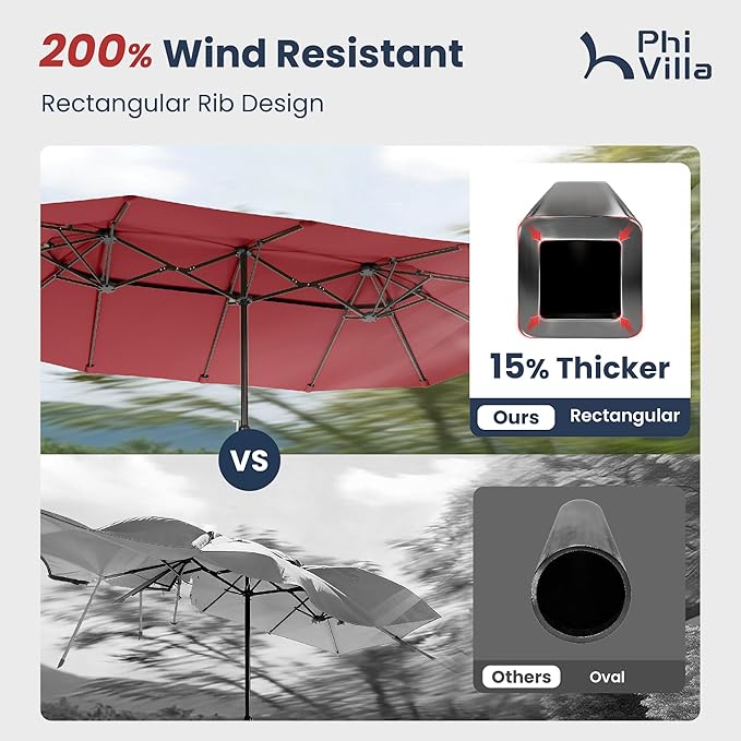 PHI VILLA 15ft Large Patio Umbrellas with Base Included, 2-Tier Outdoor Double-Sided Rectangle Market Umbrella with Stand, Outside Umbrellas for Poolside Lawn Backyard, Wine Red