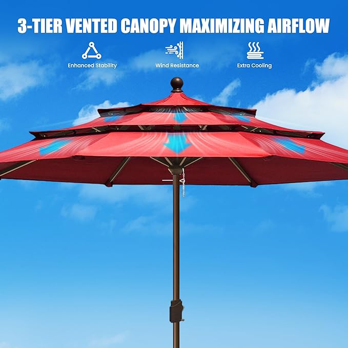 EliteShade USA 10-Year-Non-Fading 11ft 3-Tier Market Patio Umbrella, Commercial Grade Outdoor Table Umbrella with Crank Open, Windproof & UPF 50+ UV Protection, Heavy Duty Ventilation for Garden, Deck, Pool, Backyard, Beach & Bistro, No Tilt, Logo Red