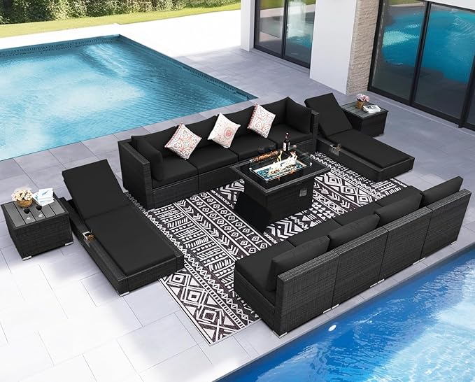 NICESOUL 13 Piece Outdoor Patio Furniture Set with Fire Pit, All-Weather Wicker Modular Outdoor Sectional with Chaise Lounge, Big Large 10-People Wide Deep Sitting Sofa for Backyard, Deck, Grey&Black