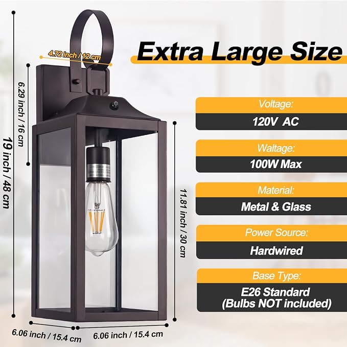 19" Large Dusk to Dawn Outdoor Lighting Bronze 2 Pack | Anti Rust Outdoor Wall Sconce Lantern Lamp, Waterproof Sensor Exterior Light Fixtures, Porch Light for Doorway, Garage, Patio