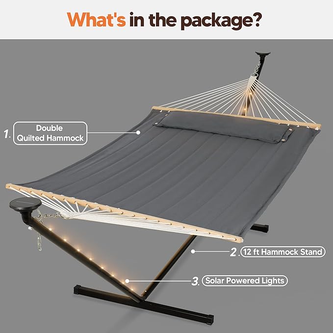 SUNCREAT Double Hammock with 12 ft Stand, Solar Powered Lights Included, Outdoor Hammock for Outside, Dark Gray