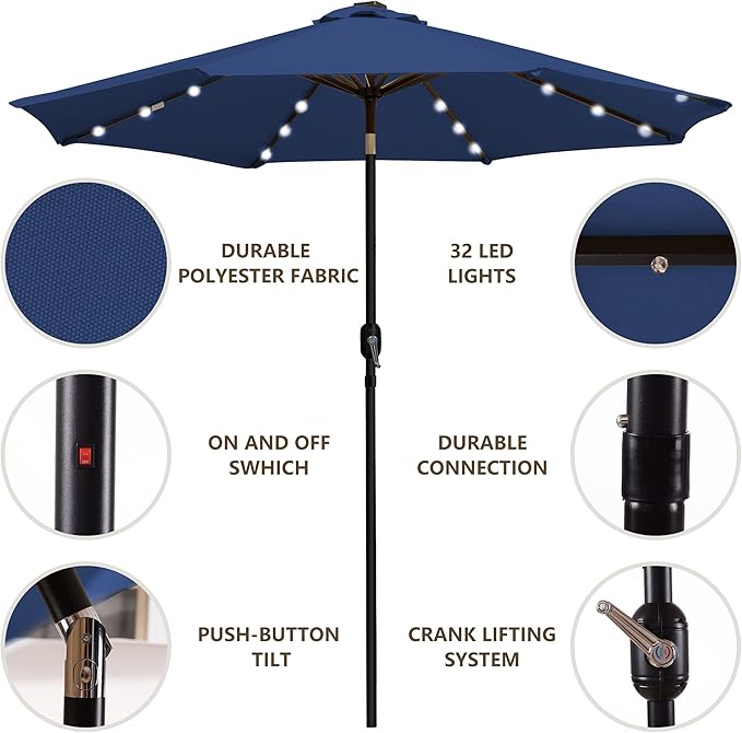 9' Round Patio Umbrella with 32 Solar Powered LED Lights, Push-Button Tilt and Hand Crank Lift, Solar Umbrella in Navy for Porch, Deck, and Patio by Sun-Ray