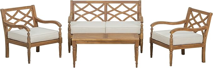4-Piece Patio Conversation Set, All Weather Outdoor Acacia Wood Sofa Seating Group with 2 Chairs, Loveseat, Coffee Table, 4.72 inch Thick Cushions