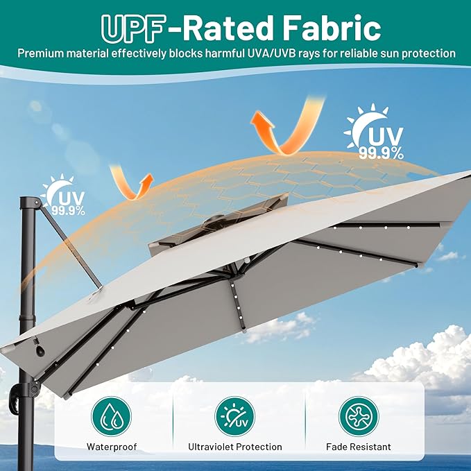 AreShark 10×10FT Solar LED Cantilever Umbrella, Double-Top Outdoor Patio Offset with 360 Degree Rotation, Square Offset Hanging Umbrella for Garden Deck Pool, Light Grey