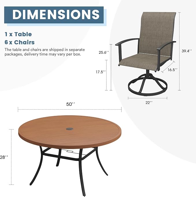 DIFY 7 Pieces Outdoor Dining Set for 6, 50" Walnut Round Metal Table with Umbrella Hole and Brown Textilene Swivel Patio Chairs, Patio Table and Chairs Set for Garden, Backyard, Poolside