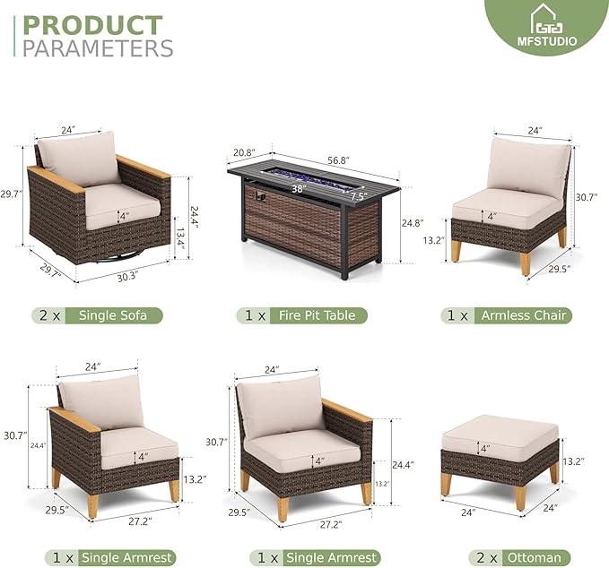 MFSTUDIO 8 Piece Wicker Patio Furniture Set with 56" Fire Pit Table, 2 x Swivel Chair, 2 x Ottoman, 3-Seat Sofa, All-Weather PE Rattan Patio Conversation Set Outdoor Sectional Sofas(Beige Cushions)