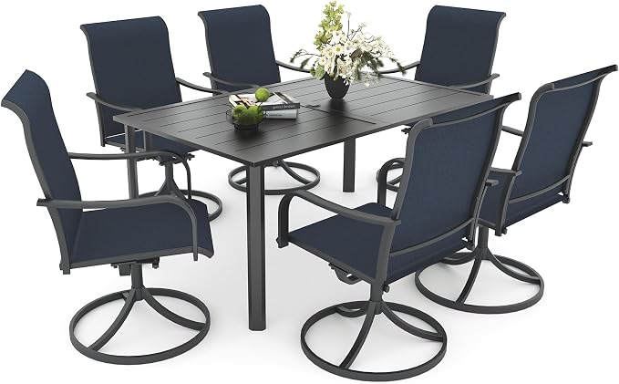 Anmutig 7-Piece Outdoor Patio Dining Set with 6 Swivel Chairs, Outdoor Furniture Steel Frame Slat Rectangular Table with 1.57" Umbrella Hole for Backyard, Blue