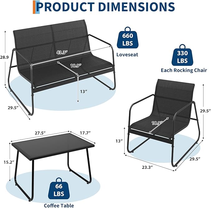 GAOMON 4 Piece Patio Textilene Conversation Set with 2 Chairs and Love Seat, Outdoor Conversation Set with Single Chairs and Glass Top Coffee Table for Backyard Porch Lawn Balcony, Black