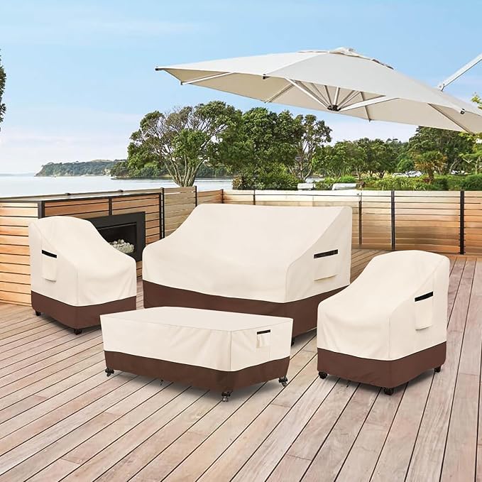 Rileytee Patio Furniture Set Covers, 4 Pcs 600D Heavy Duty 100% Waterproof Outdoor Furniture Cover, Fit Patio Loveseat, Chair and Coffee Table (Beige & Brown,Small)