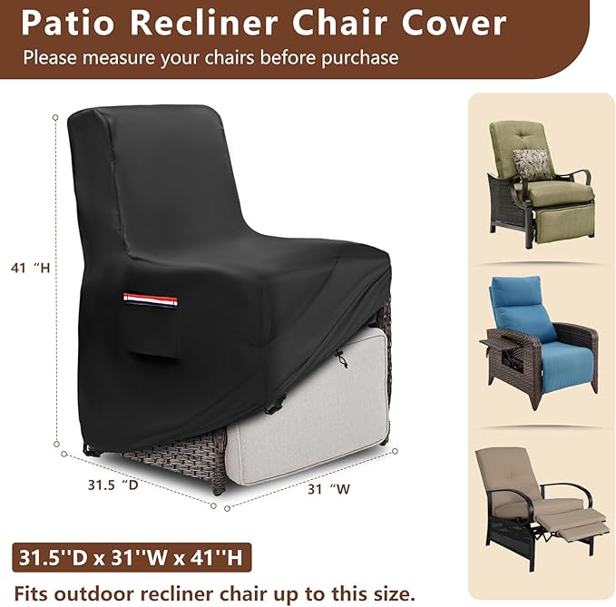 Outdoor Recliner Cover Waterproof,600D Heavy Duty Waterproof Patio Chair Covers,Outdoor Furniture Covers for Lawn/Garden Patio Recliner,Black
