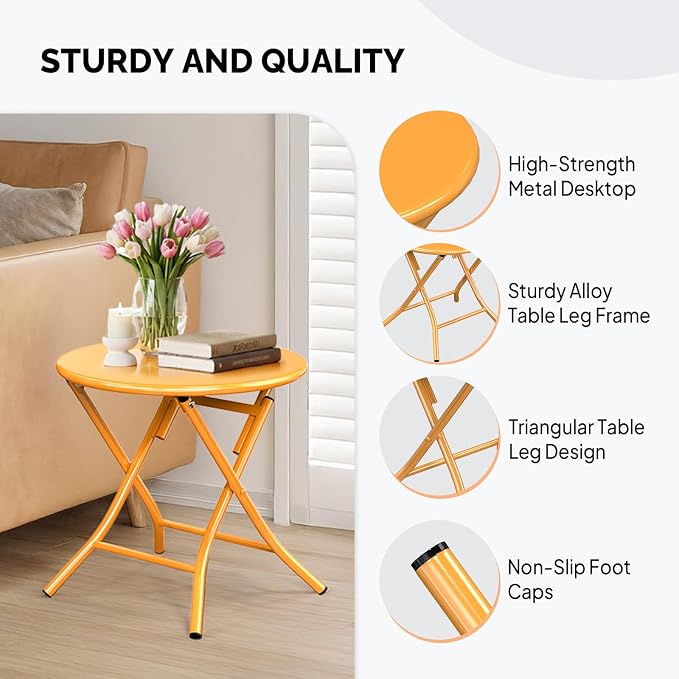 VINGLI Patio Metal Folding Side Table, Portable Small Outdoor Folding Round Table, Perfect for Indoor and Outdoor Spaces Like Balconies, Backyards, Porches, and Patios.Yellow（1 Pack）