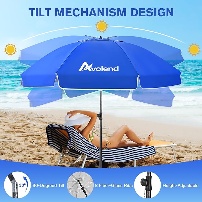 8.5FT Beach Umbrella, Portable Outdoor Umbrellas for Sand with Anchor Heavy Duty High Windproof, Height Adjustable Tilt Iron Pole, Patio Umbrella UV 50+ Protection Air Vent, Patio Garden Pool