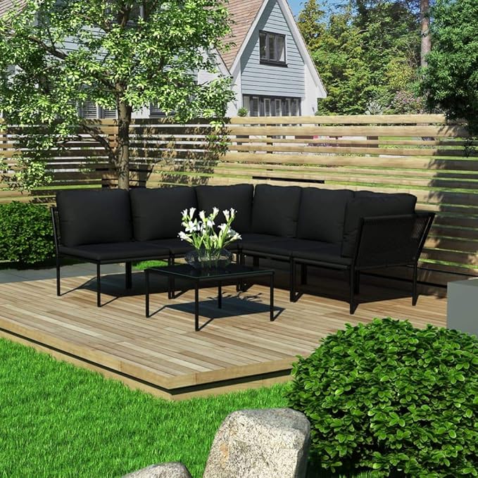 Backyard Furniture Patio Conversation Sets Outdoor Seating 6 Piece Patio Lounge Set with Cushions Black PVC Suitable for Swimming Pool, Courtyard, Garden