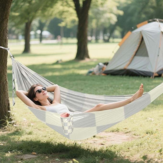 Gray Beige Checker Plaid 330lb Capacity Outdoor Hammock Fabric Hammock for Camping & Hiking Essential Base de hamaca para adultos