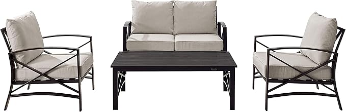 Crosley Furniture Kaplan 4-Piece Outdoor Loveseat Patio Furniture Set, Conversation Sets for Porch, Deck, Oiled Bronze with Oatmeal Cushions