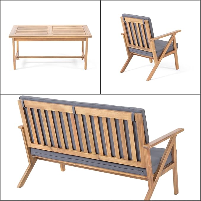 Merax 4 Piece Acacia Wood Patio Conversation Table and Chairs Furniture Sets, Outdoor Dining Couch Sofa for Porch Deck Backyard Lawn Balcony Bistro, Brown Grey