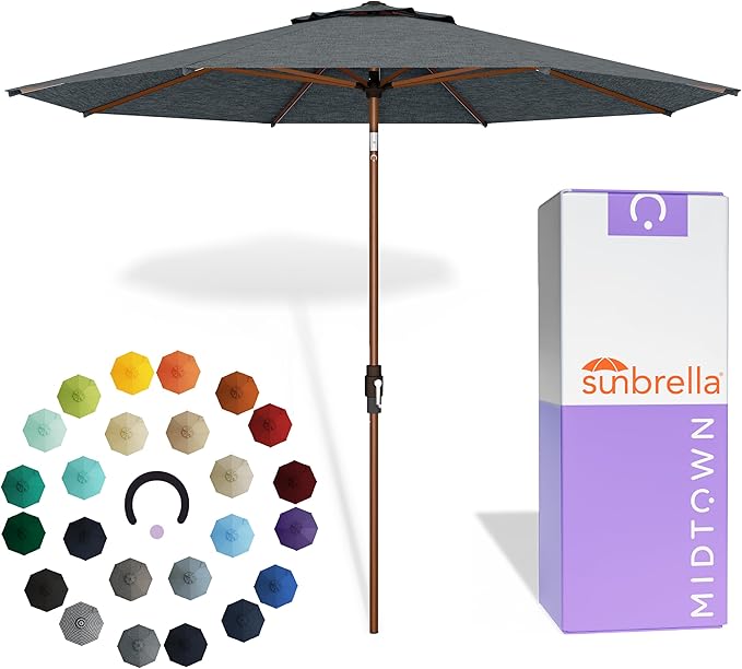 Midtown Umbrellas Wooden 2-8 Ft Patio Umbrella with 360° Swivel & Tilt Mechanism, 8 Fiberglass Ribs & Sunbrella Fabric - Outdoor Umbrella for Deck, Pool & Garden - Burgundy Canopy, Wooden Pole