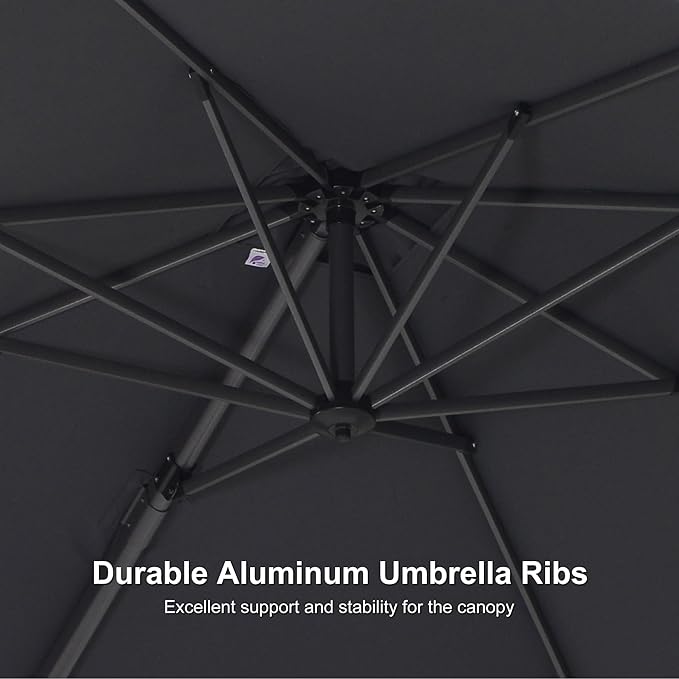 PURPLE LEAF 8' X 8' Patio Umbrella with Base for Pool 7' High Offset Outdoor Cantilever Umbrella Swimming Pool Umbrella with 360°Rotation for Poolside Grey