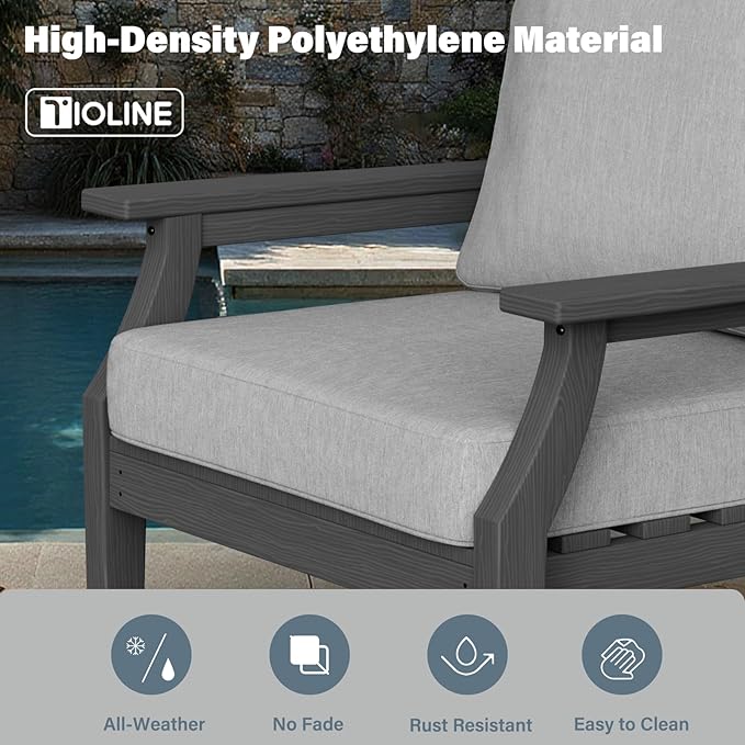 HDPE Patio Conversation Set, 6-Piece All Weather Outdoor Furniture Set with 2 Single Rocking Armchairs for Deck, Lawn, with Cushion, Gray