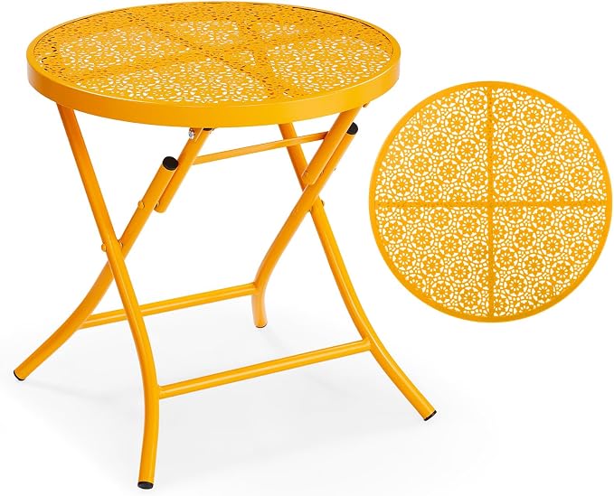 VINGLI Outdoor Folding Side Table with Chic Hollow Pattern and Durable, Rust-Resistant Coated Iron Patio Bistro Table Suitable for Indoor & Outdoor Porch, Deck, Balcony and Pool,Yellow