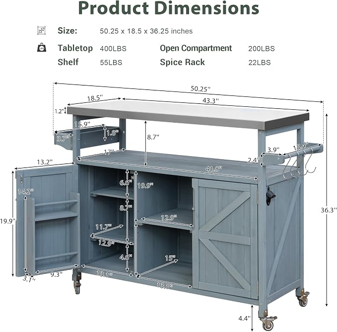 Large Outdoor Rolling Patio Bar Table Cart, Outdoor Kitchen Island Cart Grill Table, Farmhouse Solid Wood Outdoor Serving Cart Prep Table with Stainless Steel Top for Grill/Kitchen, Grey Blue