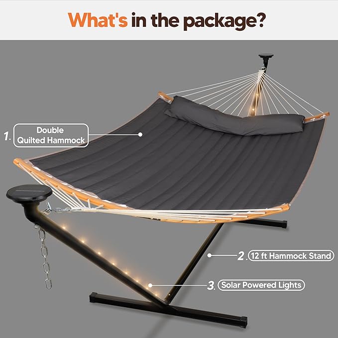 SUNCREAT Double Backyard Hammock with Solar Powered Lights for Outside, 475 lbs Capacity, Heavy Duty Self Standing Hammock with 12 ft Stand, Dark Grey