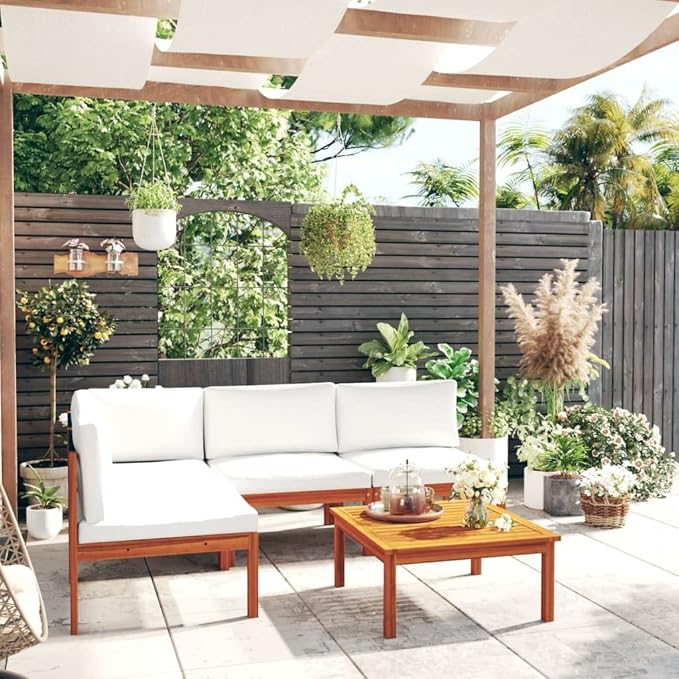 Patio Lounge Set with Cushions,Outdoor Patio Furniture,Outdoor Chat Conversation Set,for Patio,Backyard,Garden,Outdoor,5 Piece Cream Solid Acacia Wood