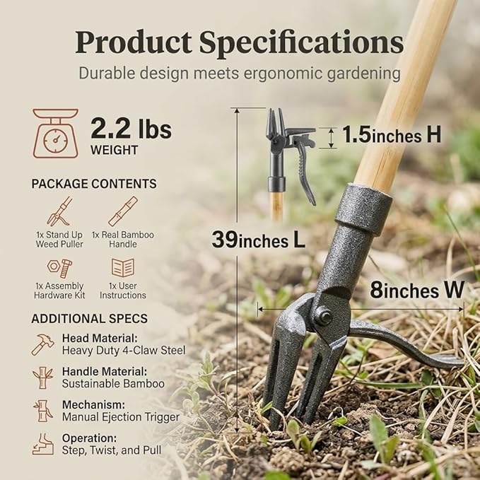Stand Up Weeder Tool with Long Handle – Heavy Duty Manual Weed Puller – Root Remover Tool with 4-Claw Steel Head – Ergonomic Garden Weeding Tool for Lawn & Yard – No-Bend Dandelion Puller & Extractor