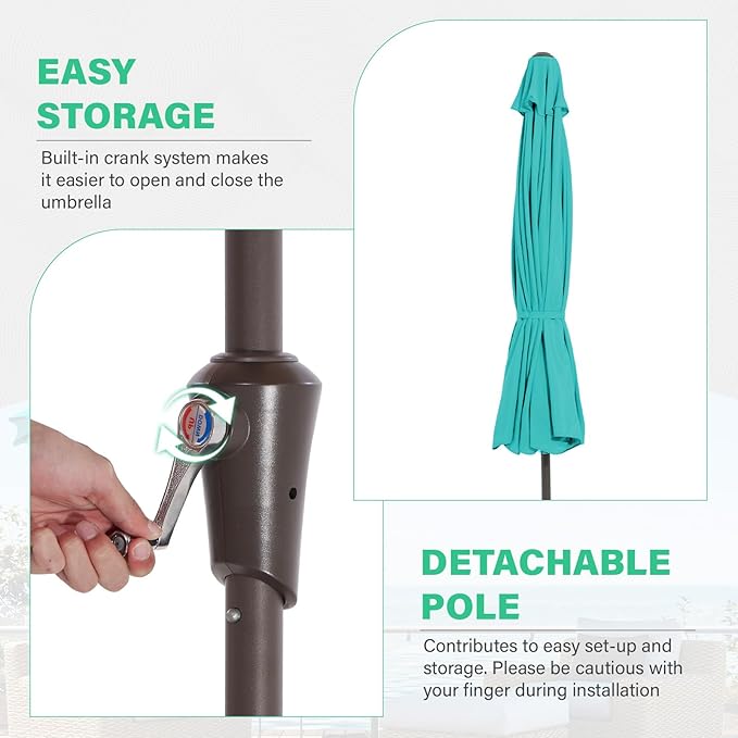 JEAREY 9 FT Patio Umbrella Outdoor, Table Umbrellas Market Umbrella w/Push Button Tilt/Crank, 8 Sturdy Ribs(Teal)