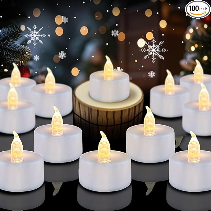 Tea Lights Flameless Candles, 100 Pack Warm White Battery Operated Flickering Candles 200+ Hours Ideal for Home Decoration Outdoor Wedding Parties