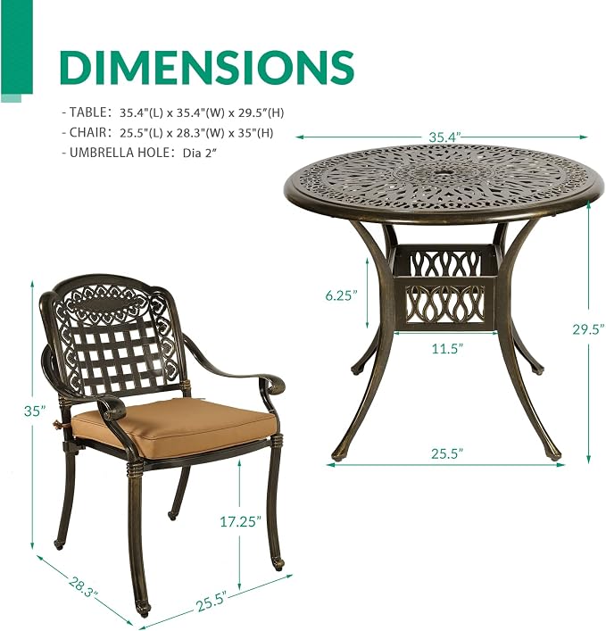 VIVIJASON 5-Piece Patio Furniture Dining Set, All-Weather Cast Aluminum Outdoor Conversation Set, Include 4 Cushioned Chairs and a 35.4" Round Table w/Umbrella Hole for Balcony, Lawn, Garden, Backyard
