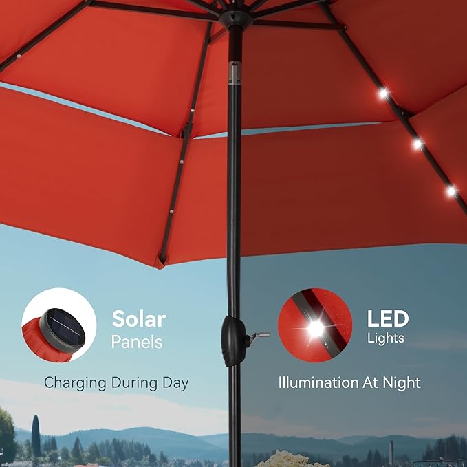 PHI VILLA 10ft Patio Umbrella with Light, Outdoor Large Auto-Tilt 3 Tier Market Table Umbrellas with 8 Sturdy Ribs and 1.5" Pole for Lawn Poolside Garden Terrace, Orange Red