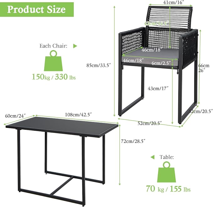 DORTALA Wicker Outdoor Bistro Set 3 Piece, Small Patio Furniture Dining Set with with Cushions, Tempered Glass Tabletop, All- Weather Table and Chairs for Backyard, Balcony, Poolside, Black+Grey