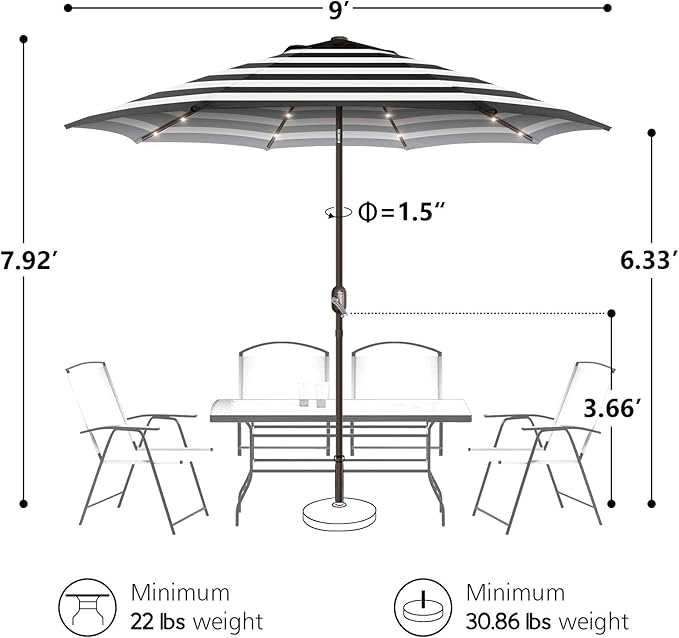 9ft Patio Umbrella with Solar Lights, Outdoor Umbrella with 24 LED Solar Umbrella Lights, Solar Patio Umbrella with Push Botton Tilt & Crank Ideal for Garden, Backyard & Pool, Black Stripe