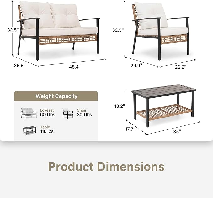 LAUSAINT HOME 4 Pieces Wicker Patio Conversation Set, Oversized Outdoor Furniture with Soft Cushions & 2 Tier Storage Coffee Table - for Backyard, Garden, Patio (Beige)