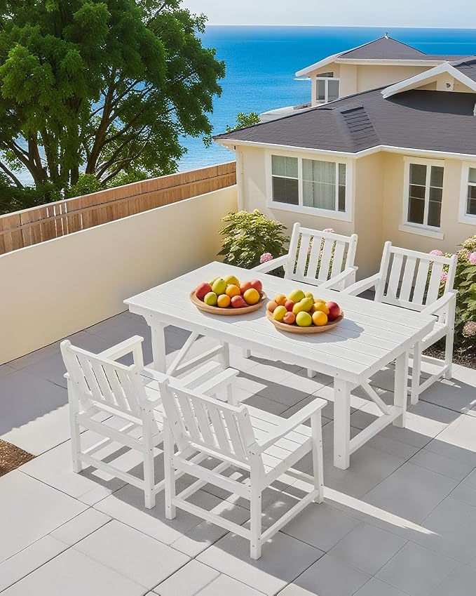 Outdoor Patio Dining Table Set, 5-Piece Outdoor HDPE Dining Furniture Sets with Umbrella Hole Table and 4 Chairs for Backyard, Garden, Lawn, Poolside, White