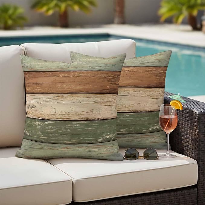 Farmhouse Sage Green Brown Outdoor Waterproof Pillow Covers, Vintage Wooden Striped Decorative Square Throw Pillowcase Sofa Cushion Sham for Patio/Couch/Chair, 18"x18" 2 Pack