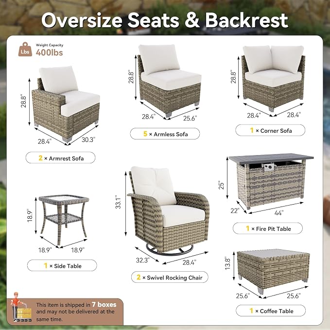 LET'S PATIO Luxury Patio Furniture Set with Fire Pit Table，13 Piece Outdoor Furniture Sectional Set with Swivel Rocker Chairs of 2，All-Weather Patio Sectional Sofas with Thickened Cushions, Beige