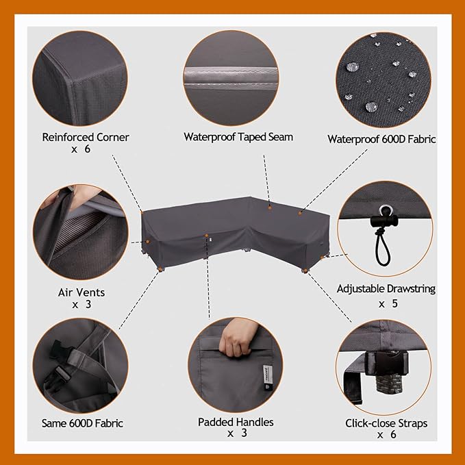 Heavy Duty Outdoor Sectional Sofa Cover, 120"X90" L-Shaped Waterproof 600D Patio Furniture Covers, Lawn Patio Couch Protector(Storm Grey, L-Shaped-Right Facing-120 x90)