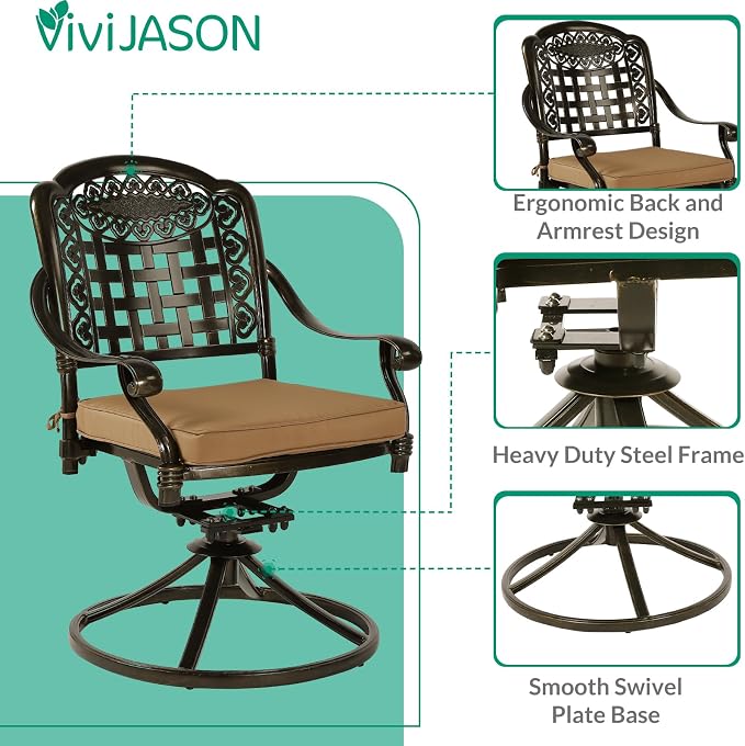 VIVIJASON 9-Piece Outdoor Dining Furniture Set, Cast Aluminum Patio Table & Chairs Set for 8, Include 94.5" Rectangular Dining Table and 8 Swivel Rocker Chairs with Umbrella Hole, Khaki Cushion