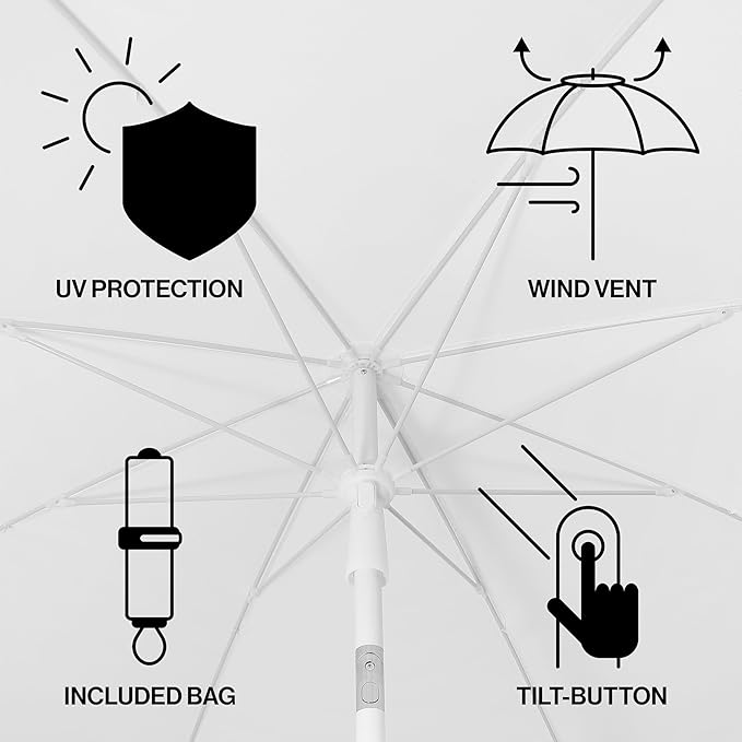 JONATHAN Y Mariner 6.5 ft. Beach Umbrella, White Solid with Fringe, Push-Button Tilt, UPF 50+ Sun Protection and Carrying Bag for Patio and Pool, White Pole UMB1005U